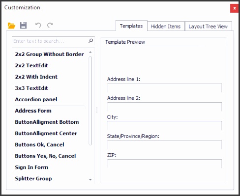 A template can be added to the LayoutControl using the drag and drop functionality After dropping the template all its elements are added to the