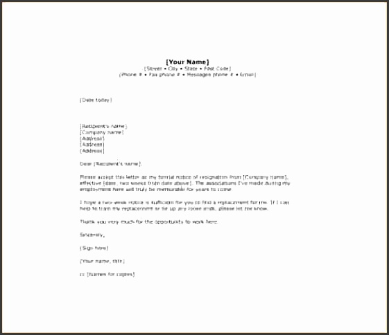formal resignation letter with 2 weeks notice Email Two Weeks Notice Resignation Letter Template