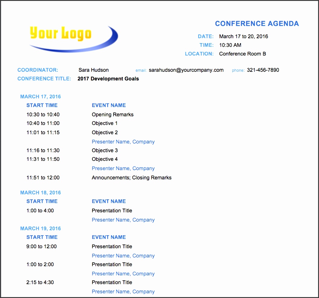 Make conference planning easier with this free conference agenda template Fields for date and time event names and presenter names are clearly marked