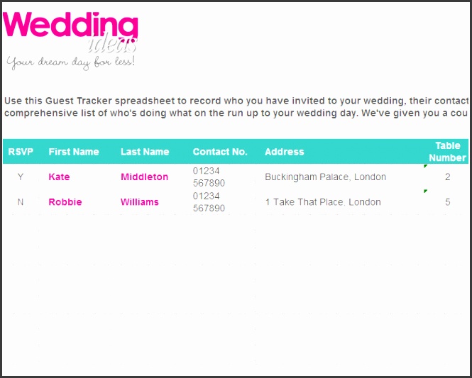 Wedding Guest List Spreadsheet and PDF Download
