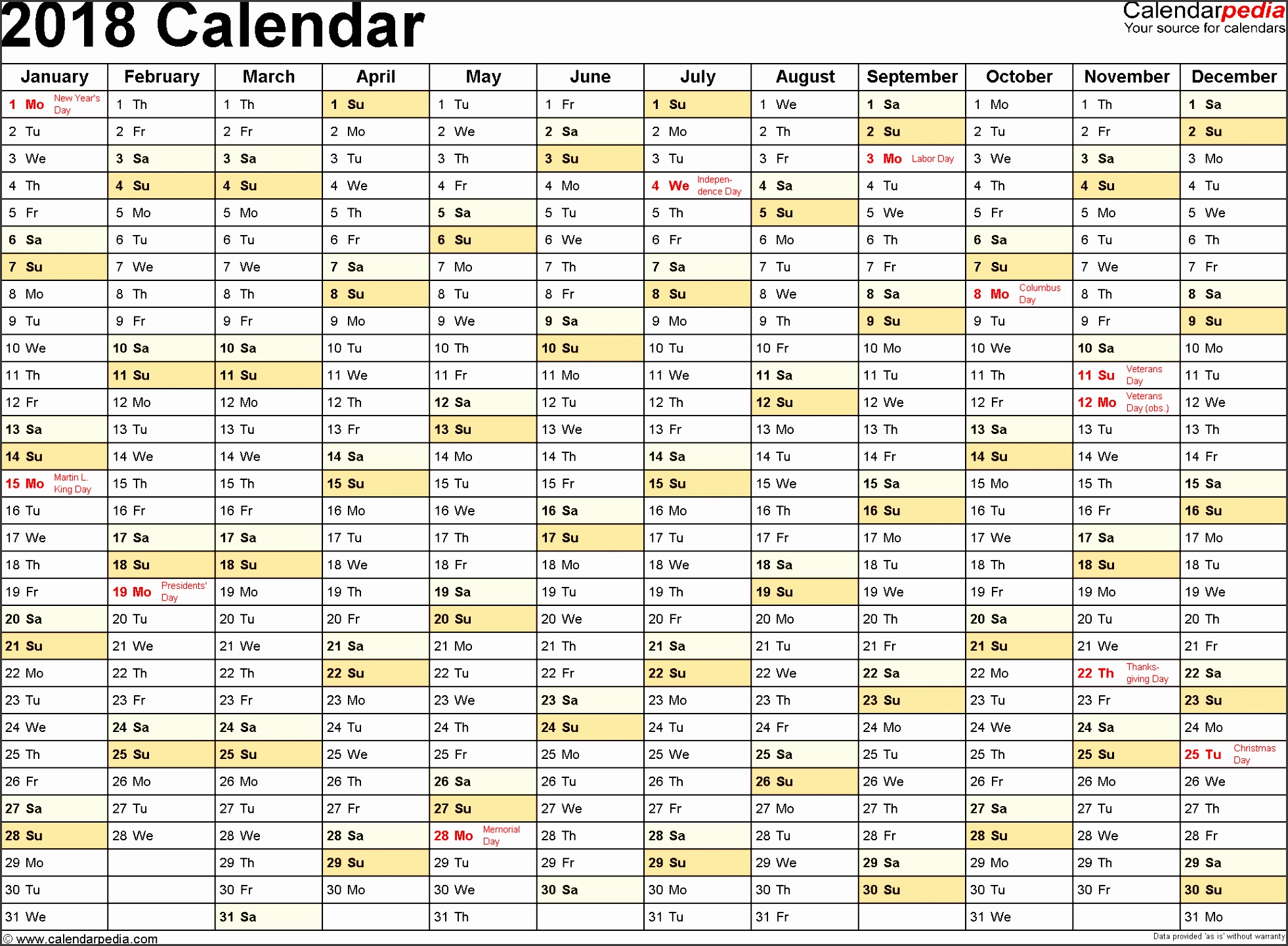 Template 2 2018 Calendar for PDF months horizontally 1 page landscape orientation