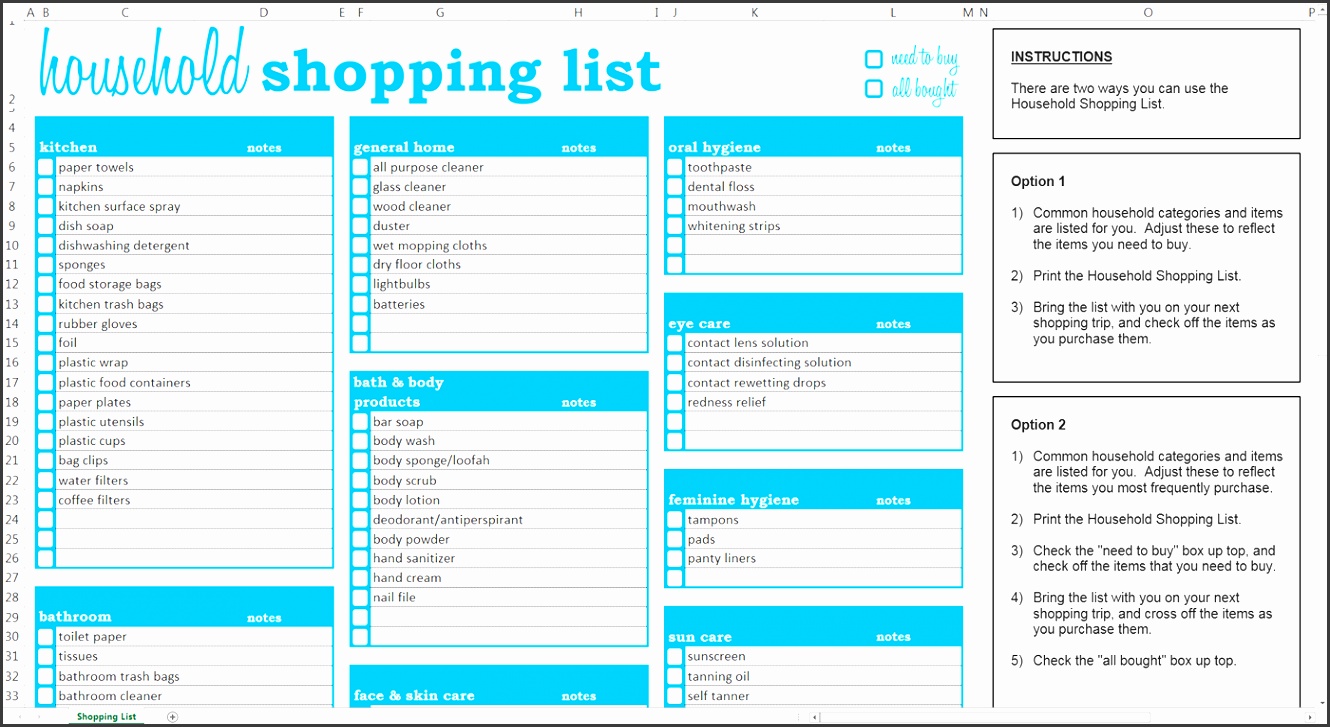 Household Shopping List Excel Template Screen View