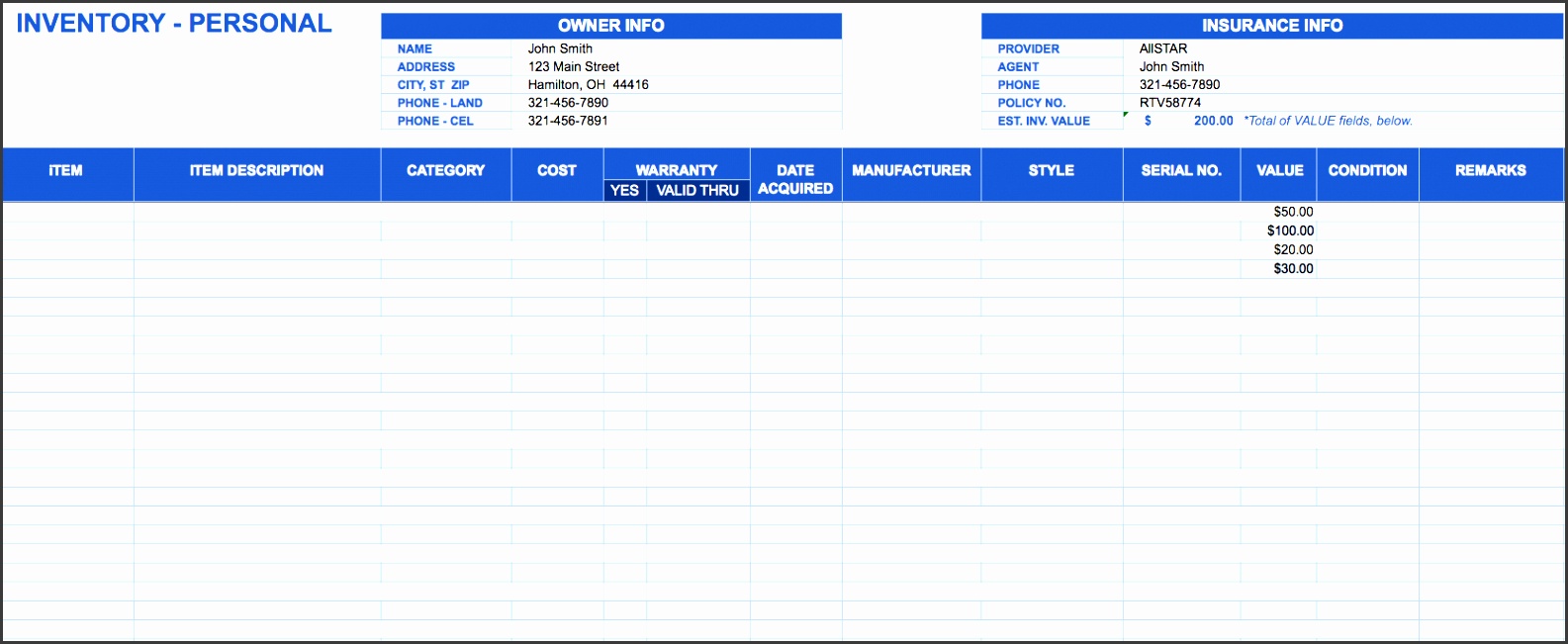 personal inventory 0