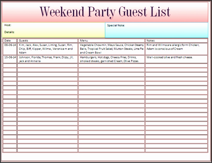 Preview of our guest list template for Word
