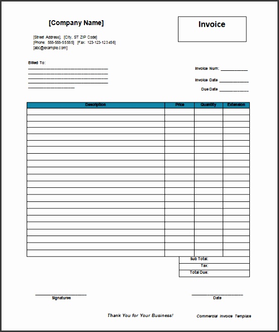 Blank mercial Invoice Template in Word Doc