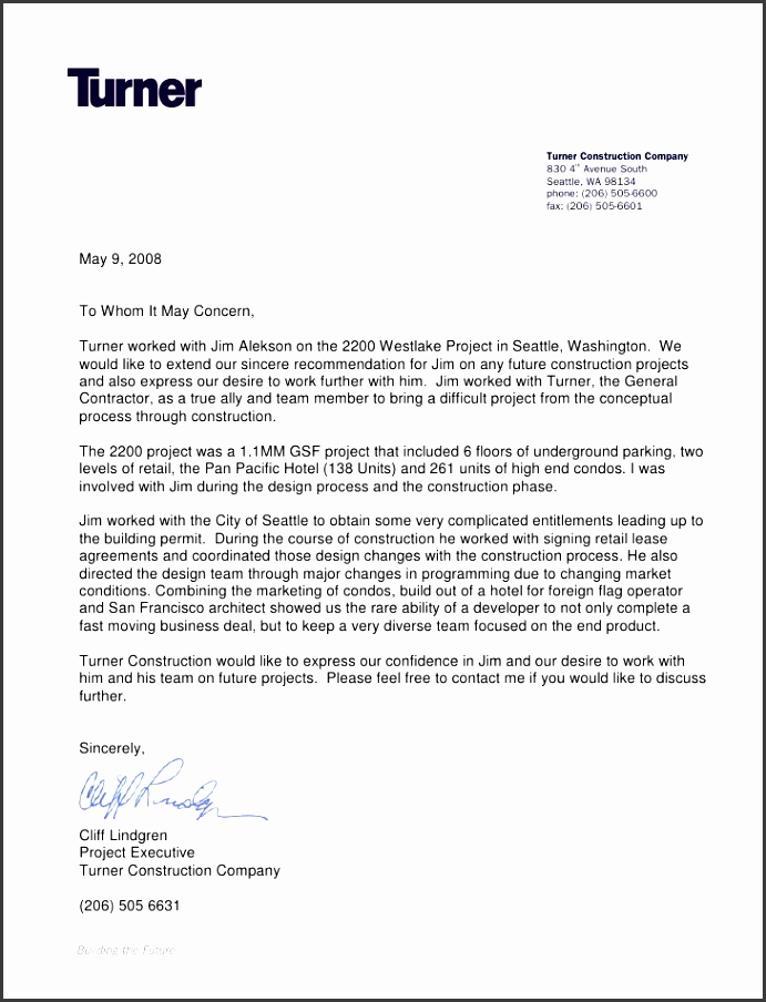 Turner Construction Letter Re mendation Turner Construction pany