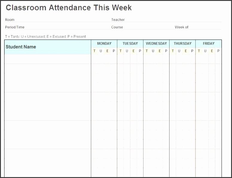 editable weekly classroom attendance sheet template with blank room and teacher and student name space