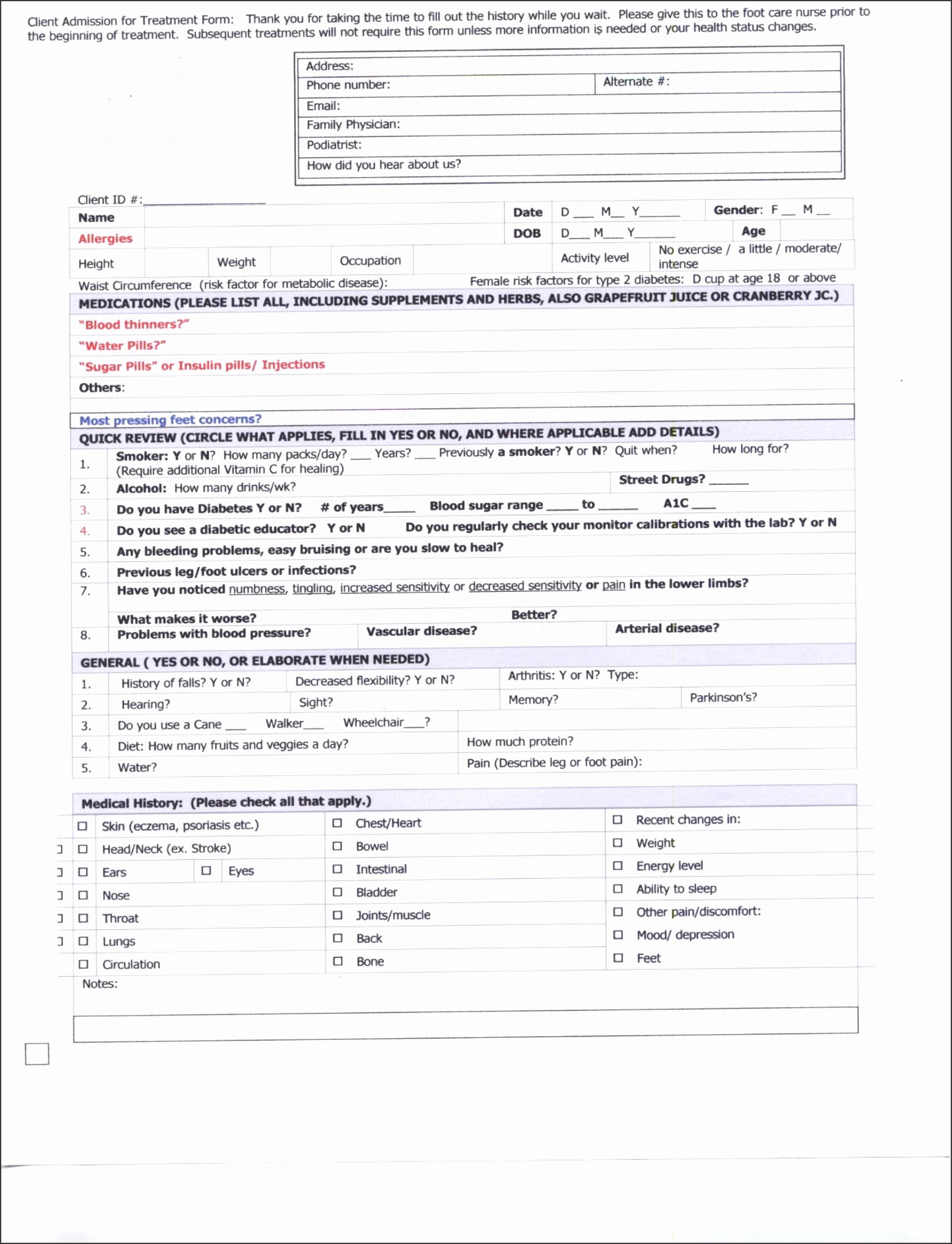 Sample Admission form for foot care clients