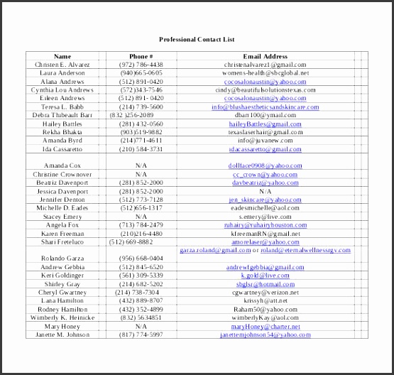 Professional Contact List Template PDF