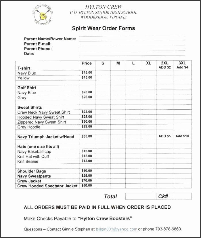 free php order form template