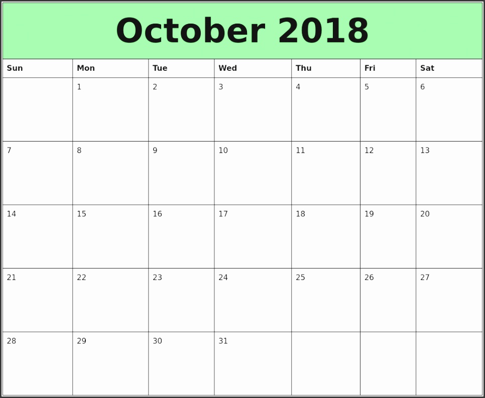 blank calendar october 2018