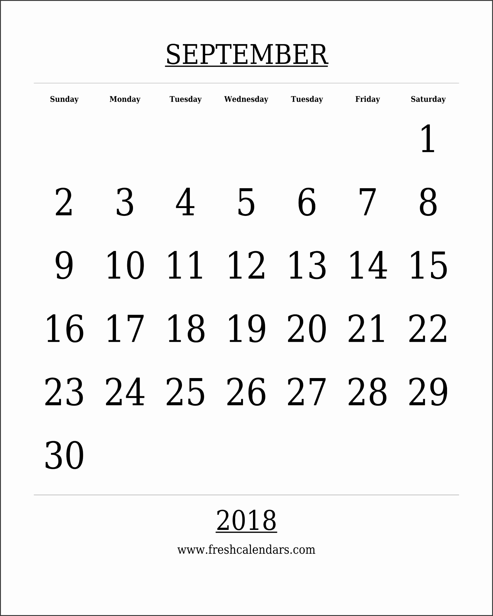 Free Printable Template September 2018 Calendar Bold Style