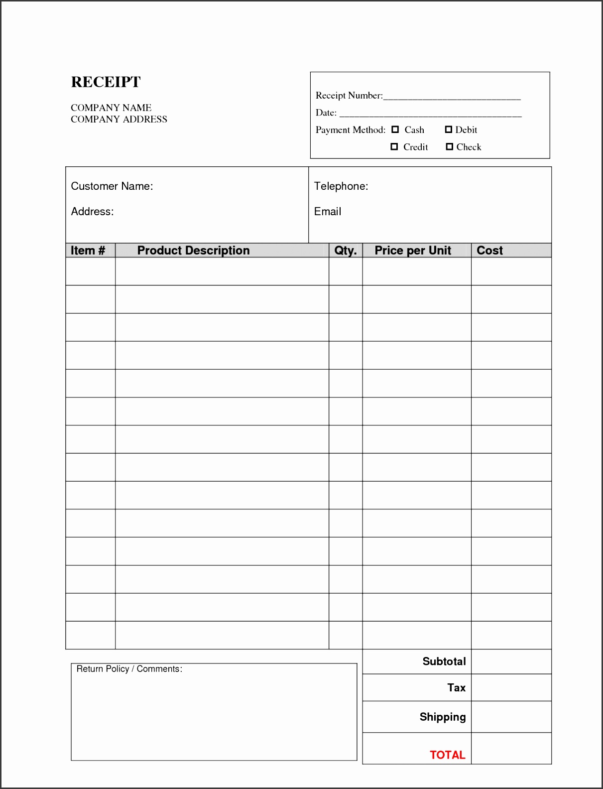 Printable Receipt Form Printable Forms Free Online