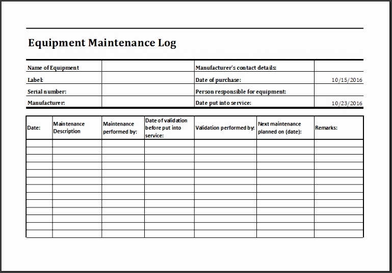 equipment maintenance log template
