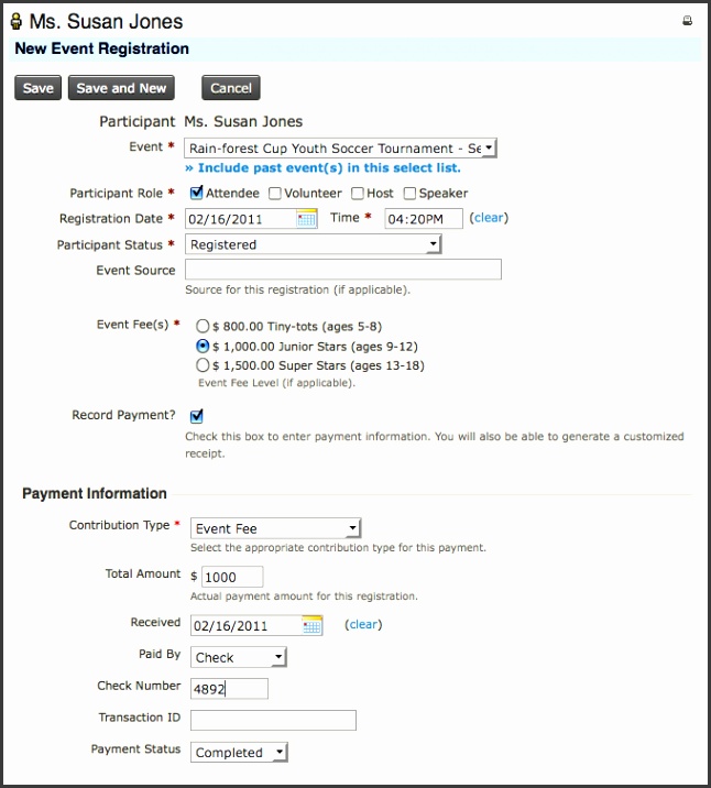 Event registration for a contact with the event name the participant role attendee