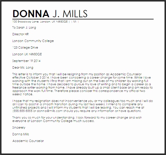 Career Change Resignation Letter Sample