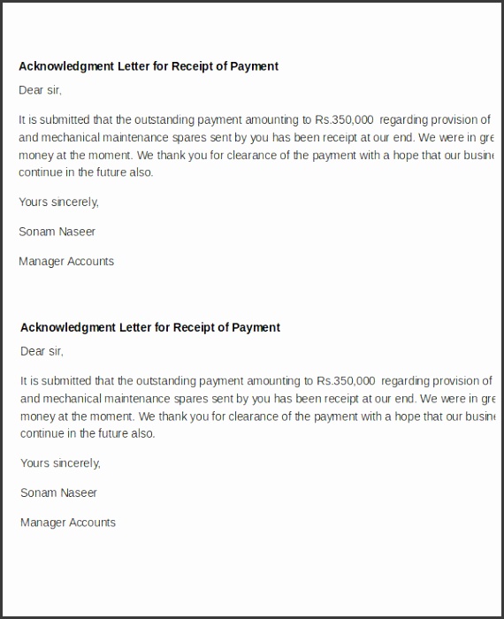 Payment Receipt Acknowledgement Letter Example