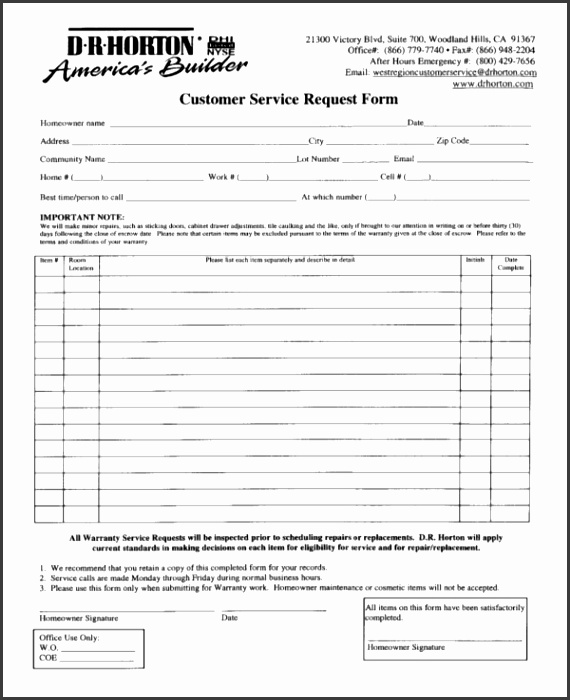 Dr Horton Customer Service Request Form