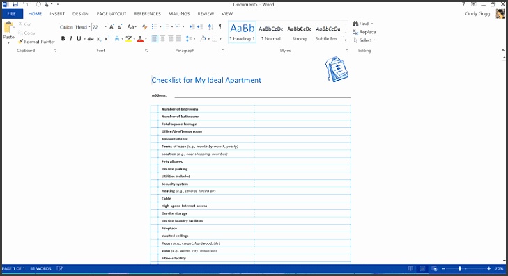 Apartment Shopping Checklist Template for Microsoft Word