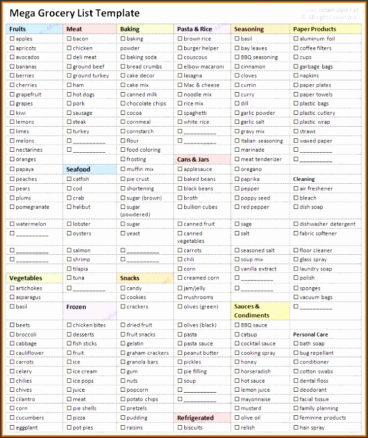 Grocery List Templates Printable Grocery Shopping List