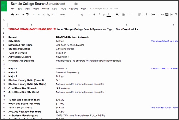 admission college search spreadsheet screenshot