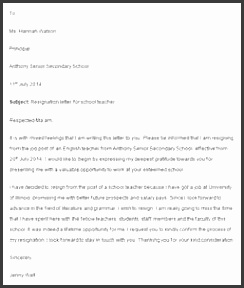sample teacher resignation letter template