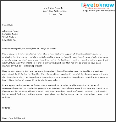 Personal Scholarship Re mendation Template