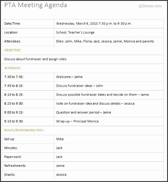 PTA meeting agenda template with table format