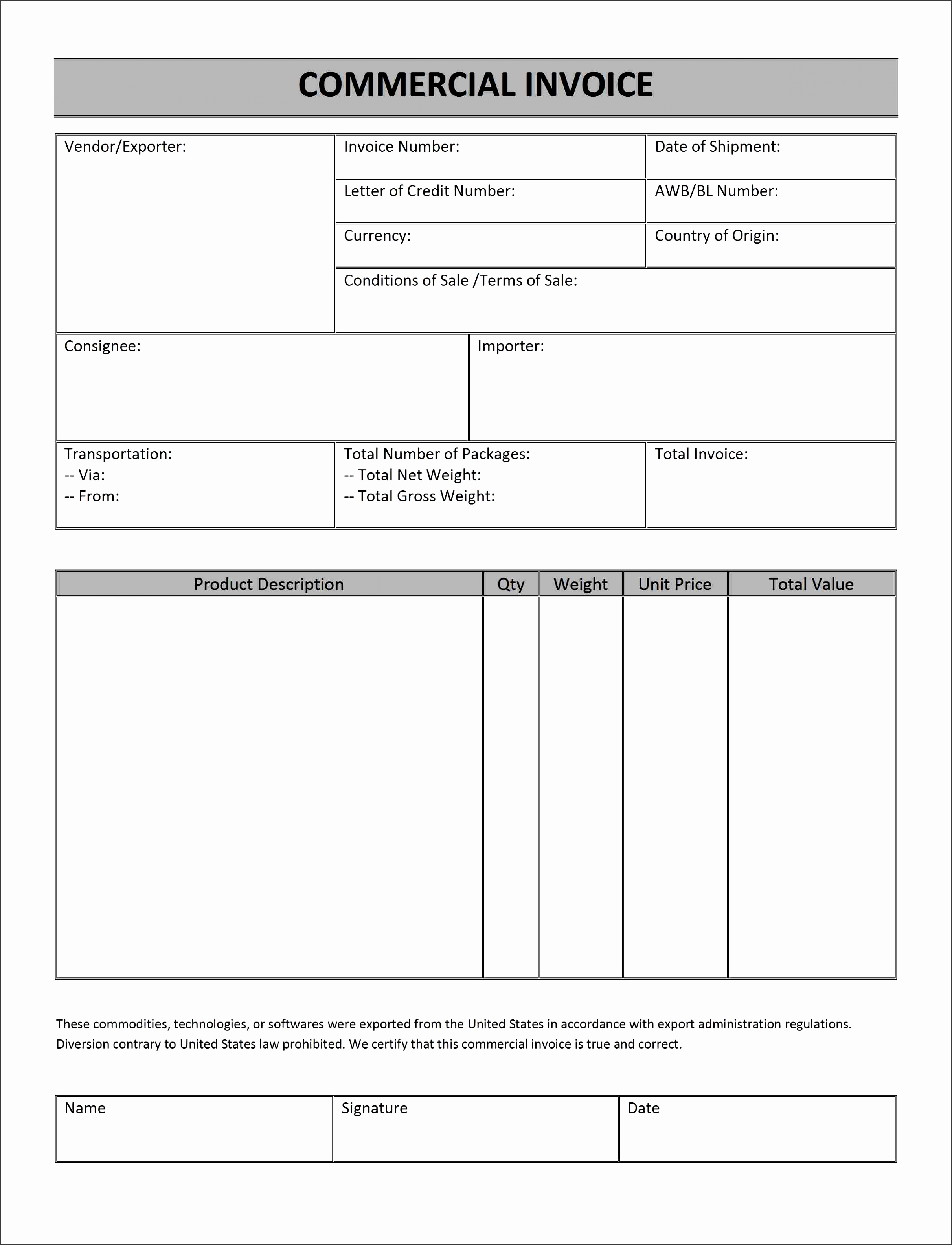 mercial Invoice Template Free