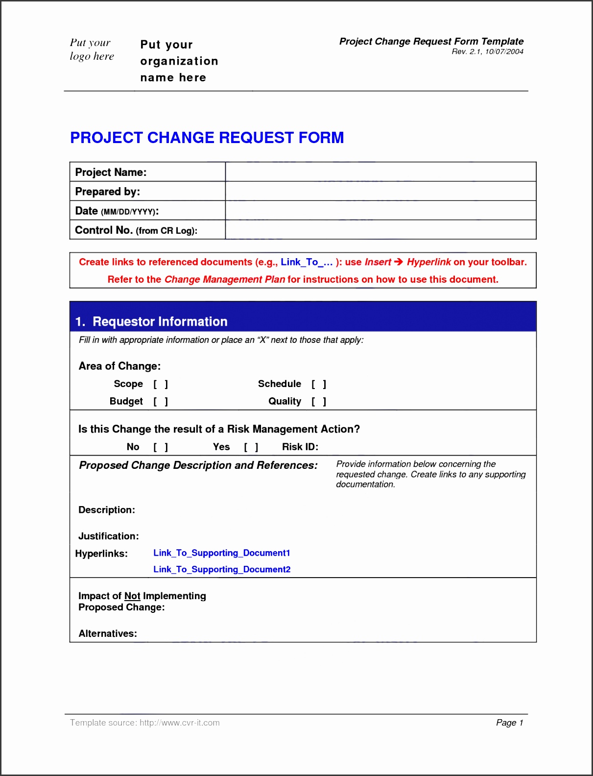 Project Change Request Form Template