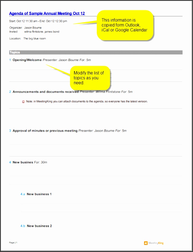sample annual meeting agenda template created by MeetingKing