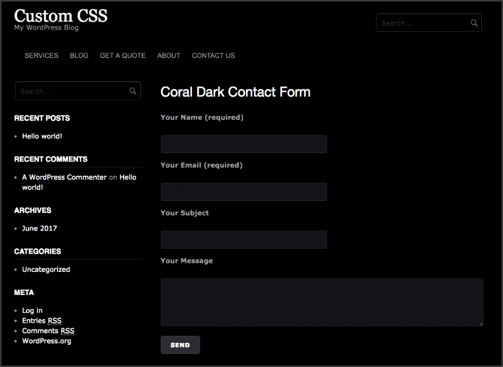 Contact Form 7 inherits the dark form fields and button with light labels from Coral Dark