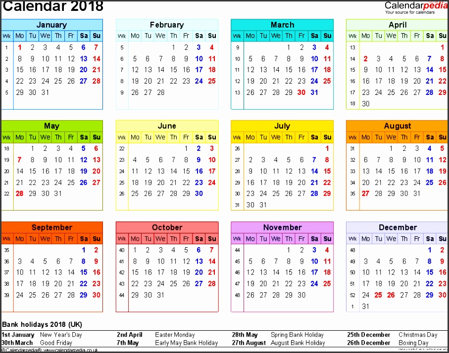 Template 8 Yearly calendar 2018 as Word template landscape orientation year at a