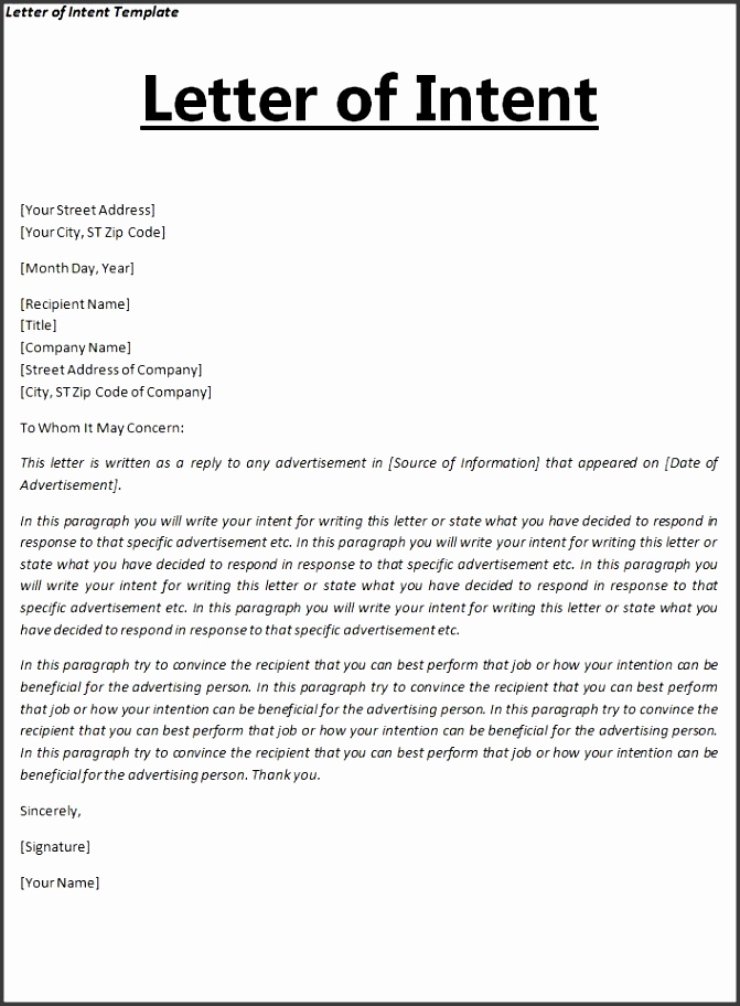 Letter of Intent Template Free Word Templates letter of real estate business plan template