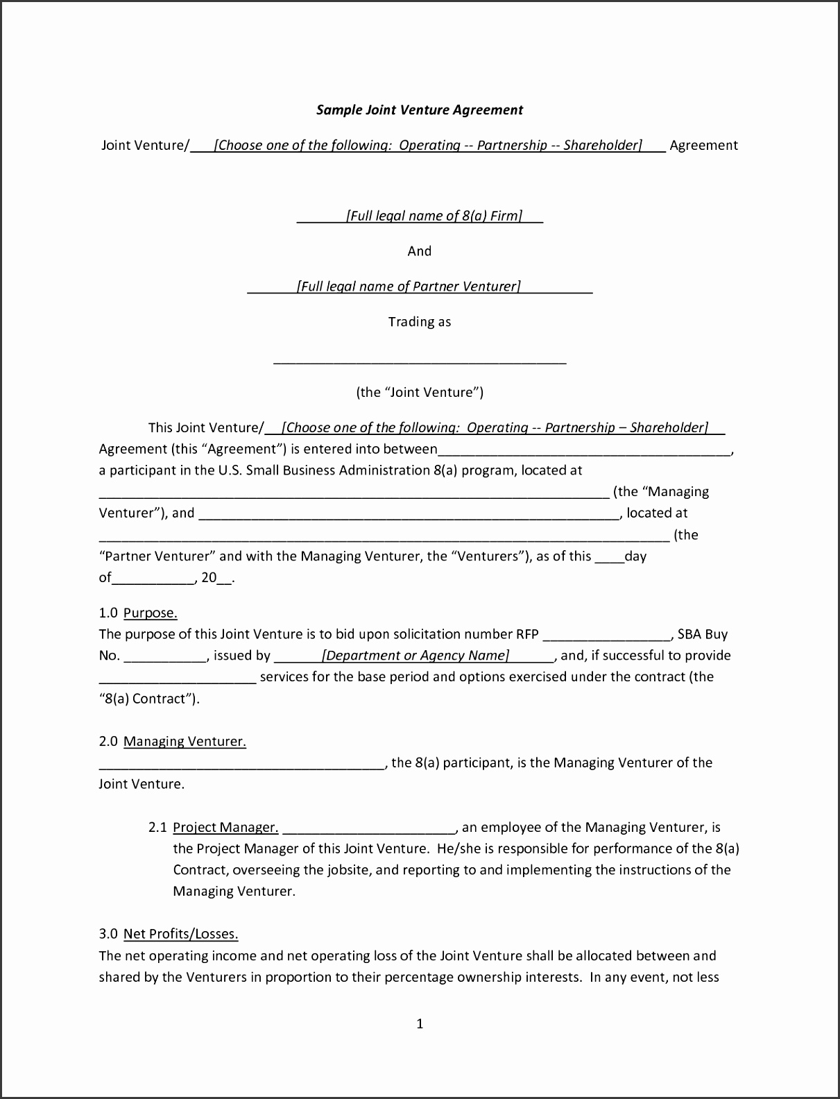 Sample Joint Venture Agreement Template
