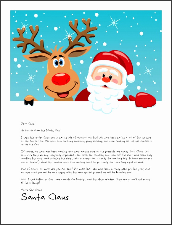 Santa Letter template with Santa and Rudolph hugging and smiling out at children on a snowy