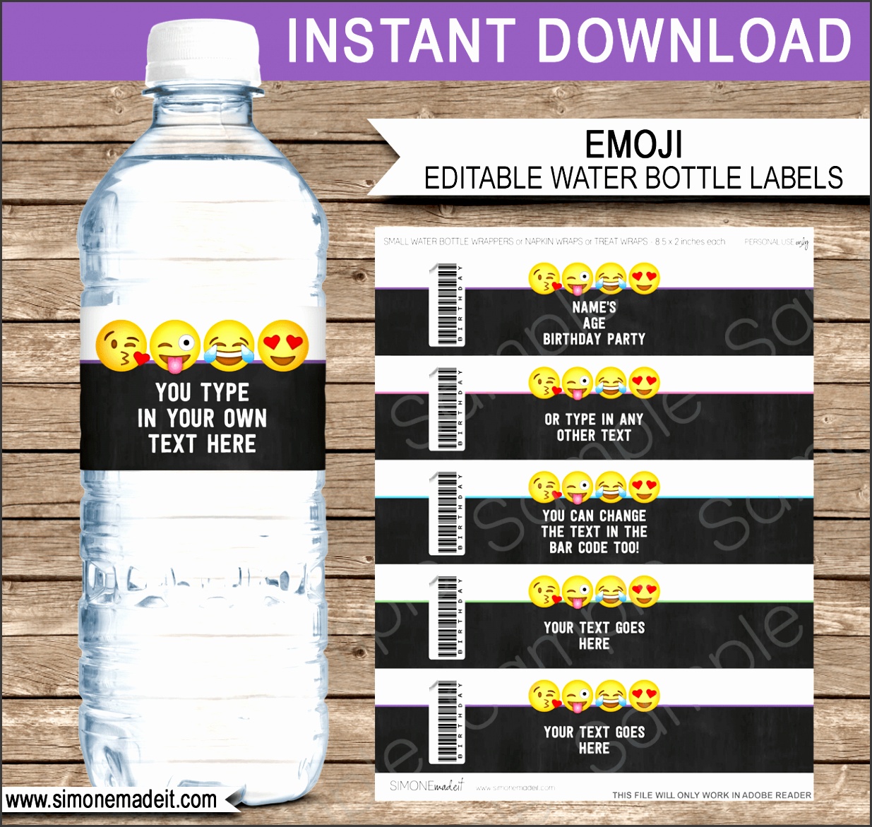 Emoji Water Bottle Labels template Emoji Theme Birthday Party Napkin Wraps