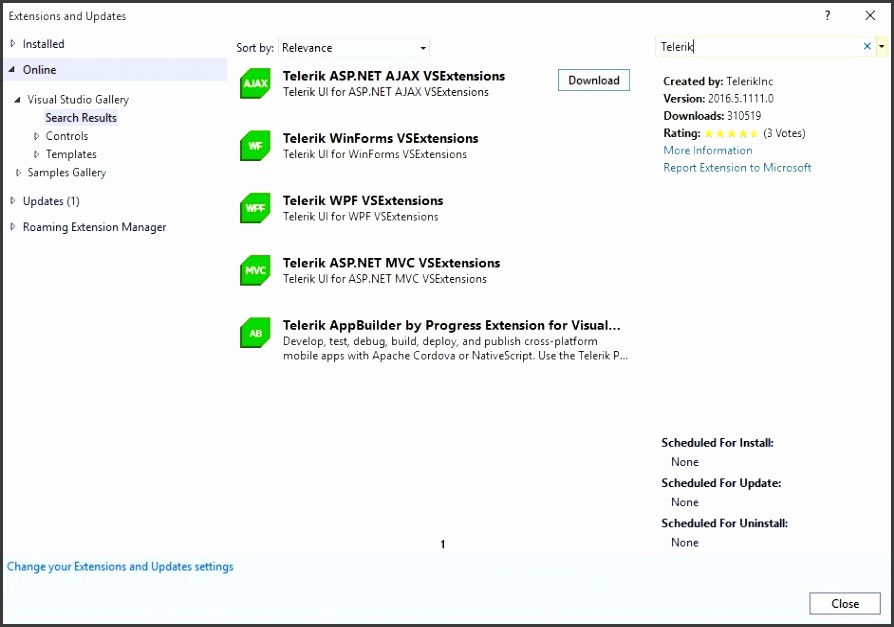 Telerik Extensions in Visual Studio 2017