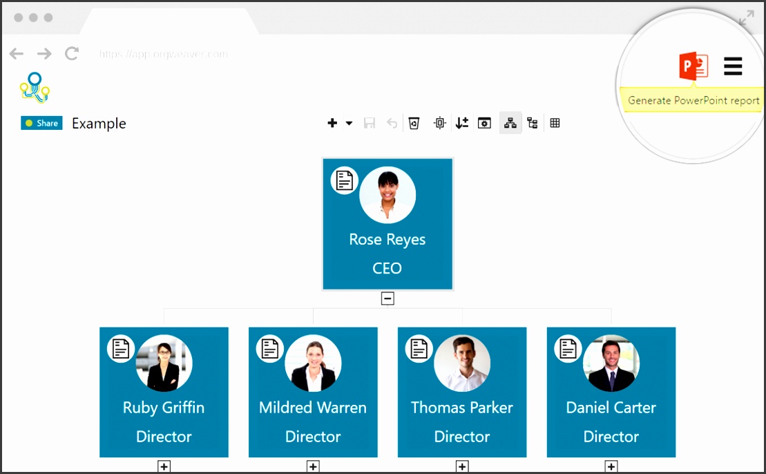 Organizational chart with photos and position descriptions