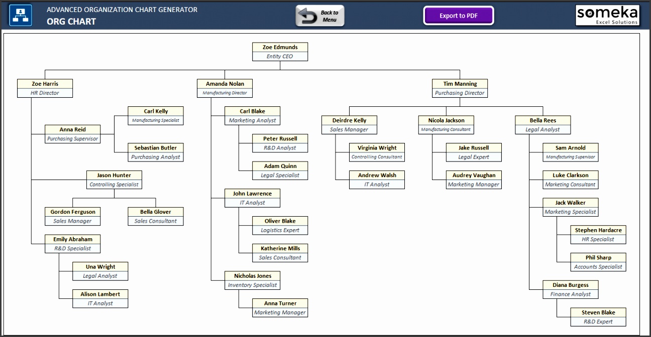 Advanced Automatic Organization Chart Generator Excel Template SS12