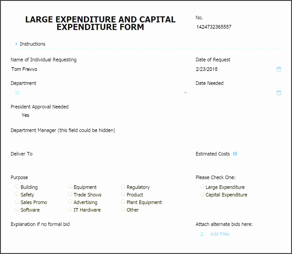 The Purchase Requisition template is a Live Forms workflow that electronically routes a purchase requisition through up to five different approvals