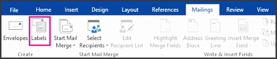 The Labels option is highlighted on the Mailings tab Type your return address