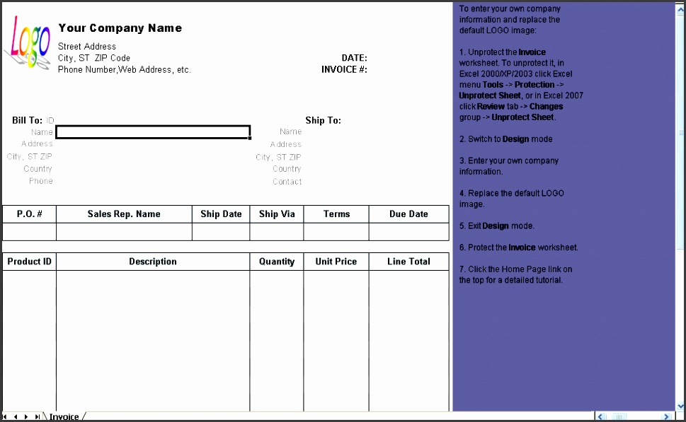 General Sales Invoice Template Excel worksheet