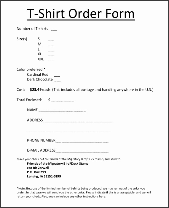 Sample T Shirt Order Form