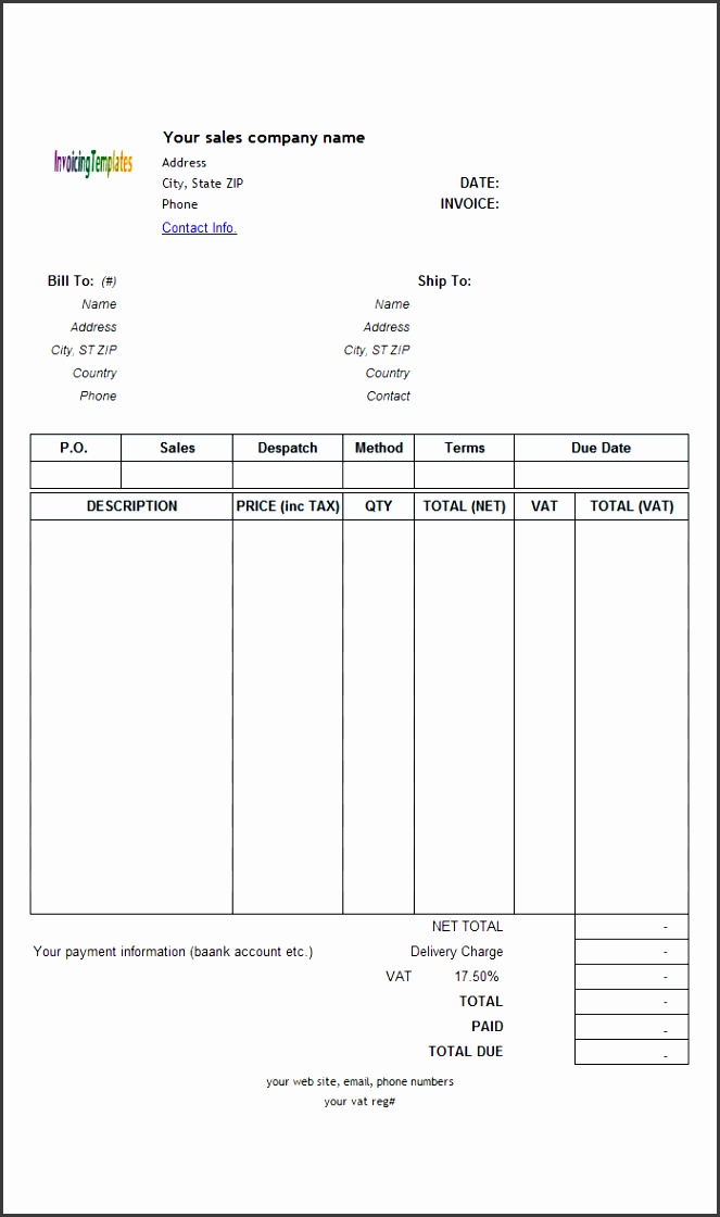 VAT Sales Invoice Template Price Including Tax