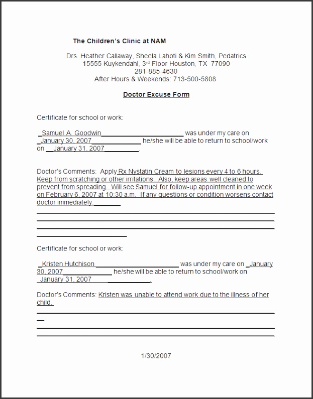 Doctor Note Template Word