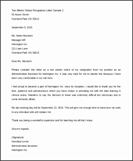 Two Weeks Notice Resignation Letter Sample Word Format