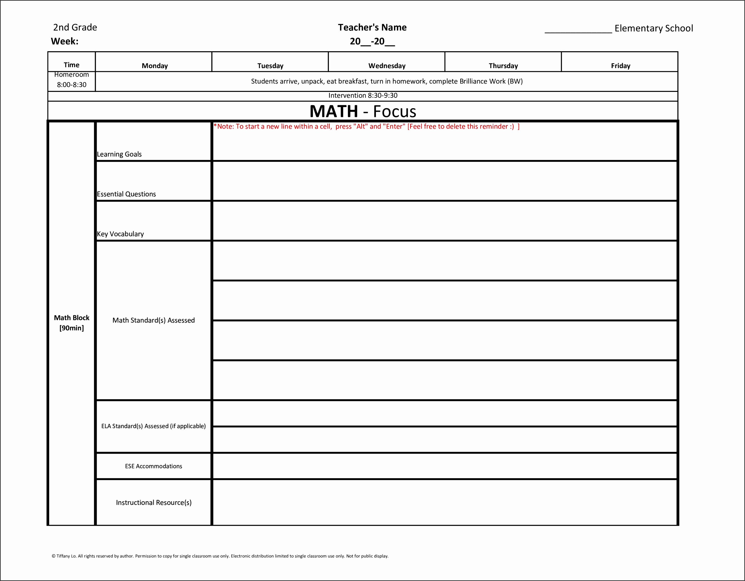 2nd Second Grade mon Core Weekly Lesson Plan Template