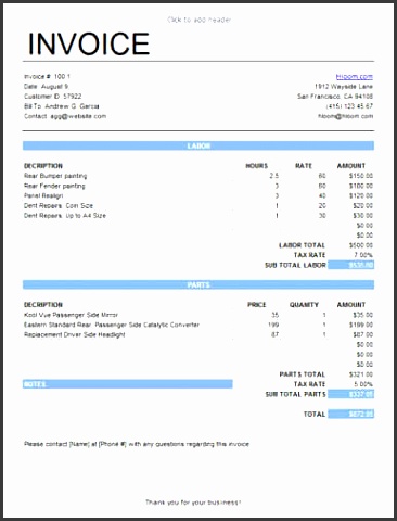 Format for hourly billed labor and parts