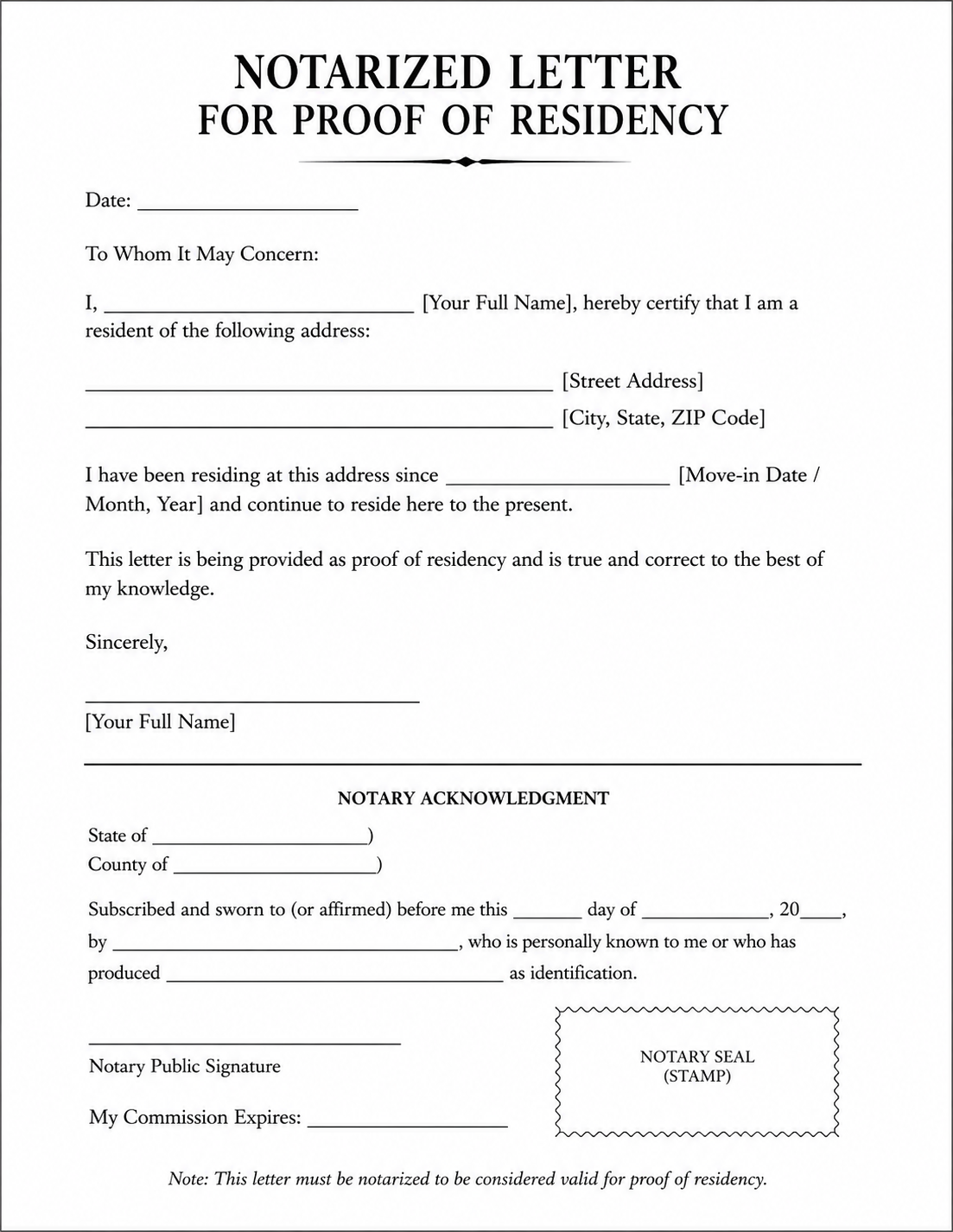 Blank Notarized Letter for Proof of Residency Template